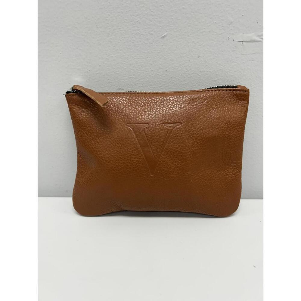 Brown Leather Wristlet Clutch with Embossed 'V'